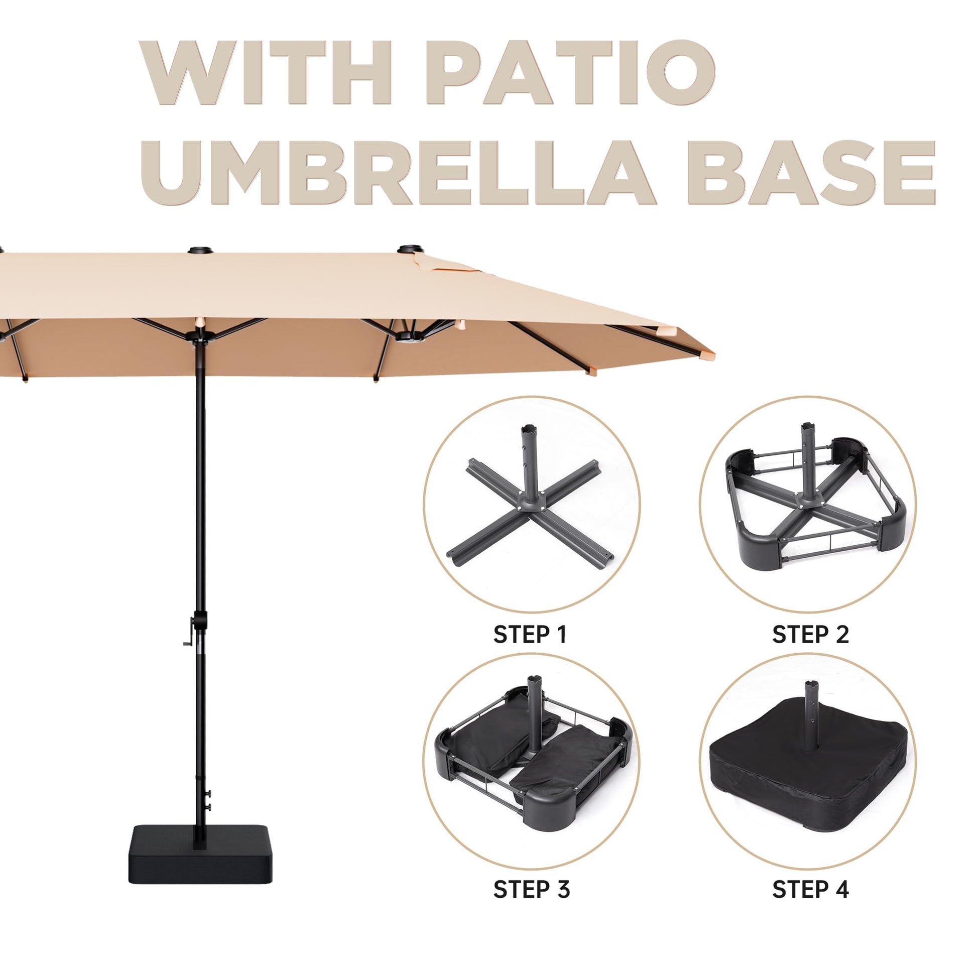 GDPFN 15FT Large Patio Umbrella with Base Included, Outdoor Deck Standing Umbrella with Crank Handle, Double-Side Rectangular Pool Umbrella for Outside, Market, Patio, Beige - CookCave