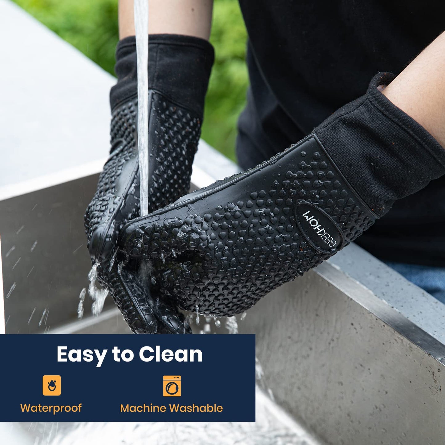 GEEKHOM BBQ Gloves, Grilling Gloves Heat Resistant Oven Gloves, Kitchen Silicone Oven Mitts, Long Waterproof Non-Slip Pot Holder for Barbecue, Cooking, Baking, Black - CookCave