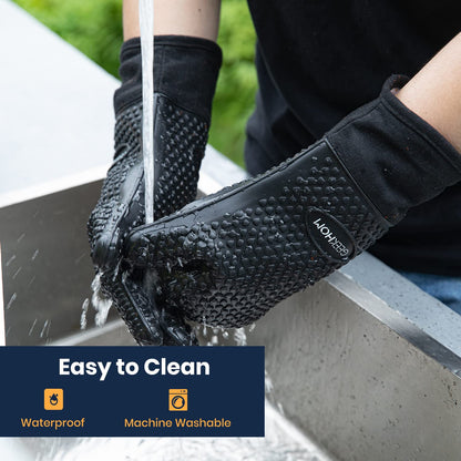 GEEKHOM BBQ Gloves, Grilling Gloves Heat Resistant Oven Gloves, Kitchen Silicone Oven Mitts, Long Waterproof Non-Slip Pot Holder for Barbecue, Cooking, Baking, Black - CookCave