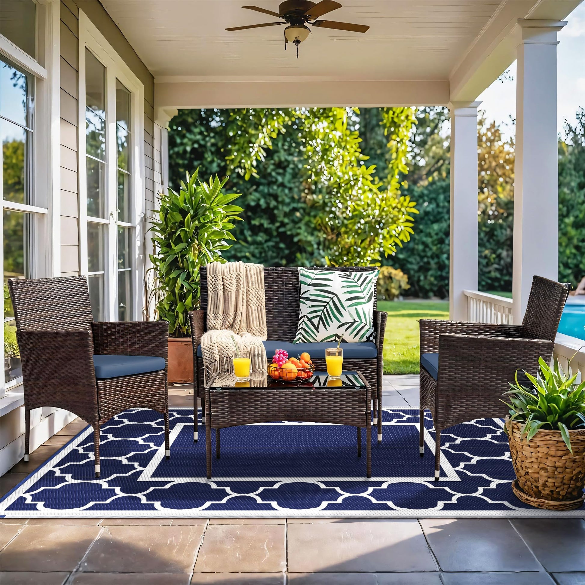 GENIMO 5' x 8' Outdoor Rug Waterproof for Patio Decor, Foldable Reversible Plastic Straw Area Rugs Mat for Camper, Outside Carpet for Rv, Deck, Porch, Picnic, Beach, Balcony, Blue & White - CookCave