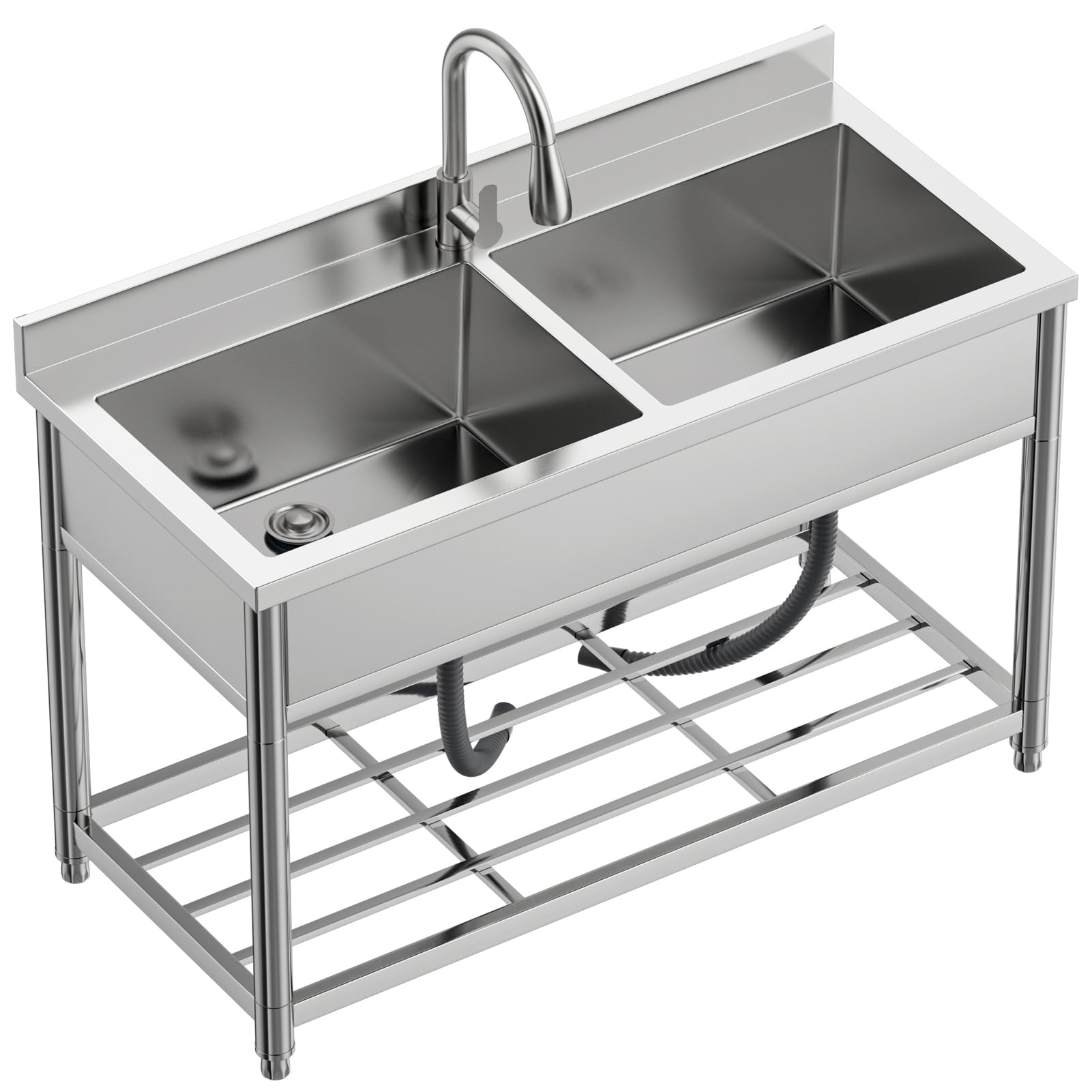 GGW 2-Compartment Commercial Sink, Stainless Steel Utility Sink with Pull-out Faucet, Free Standing Double Bowl Kitchen Sink for Restaurant, Garage, Shop, Cafe, Outoor, 21.7"D x 47.2"W x 37"H - CookCave