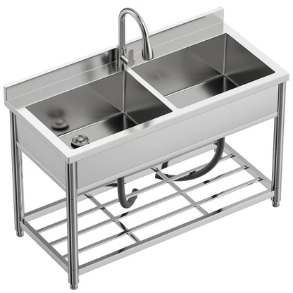 GGW 2-Compartment Commercial Sink, Stainless Steel Utility Sink with Pull-out Faucet, Free Standing Double Bowl Kitchen Sink for Restaurant, Garage, Shop, Cafe, Outoor, 21.7"D x 47.2"W x 37"H - CookCave