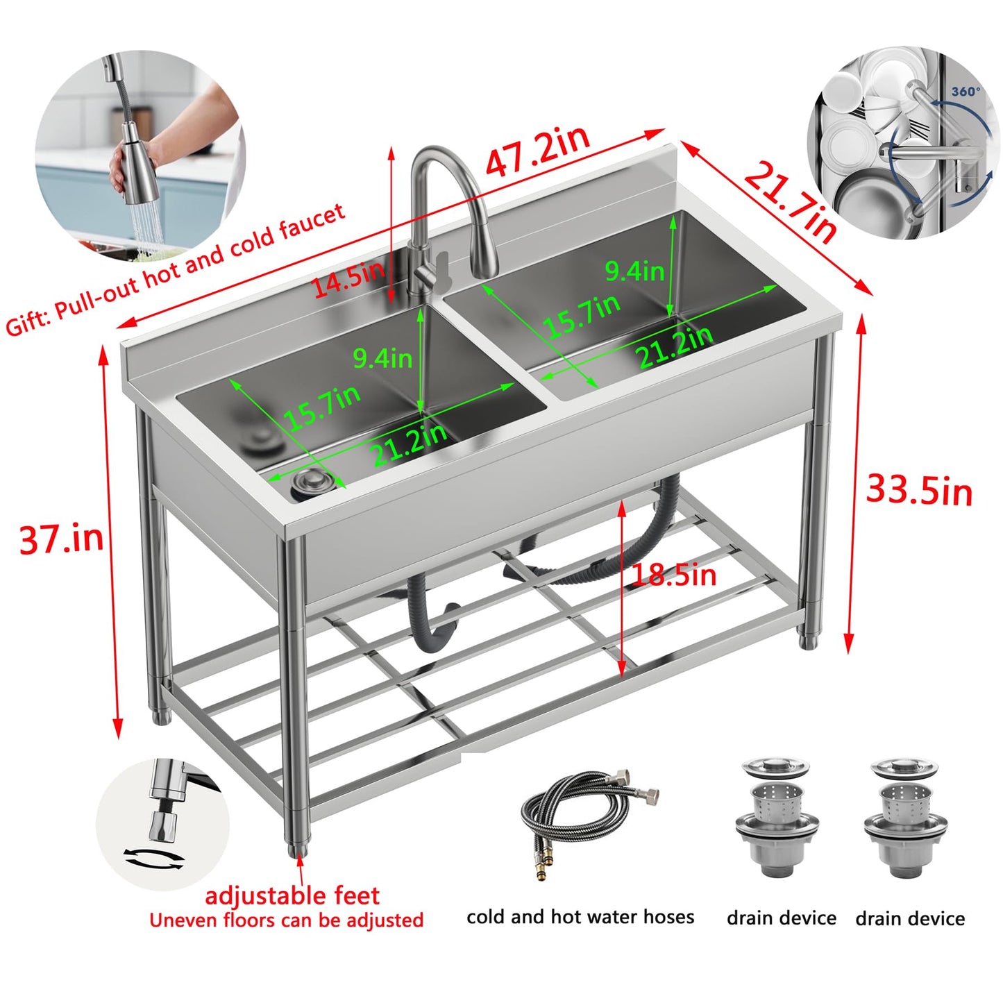 GGW 2-Compartment Commercial Sink, Stainless Steel Utility Sink with Pull-out Faucet, Free Standing Double Bowl Kitchen Sink for Restaurant, Garage, Shop, Cafe, Outoor, 21.7"D x 47.2"W x 37"H - CookCave
