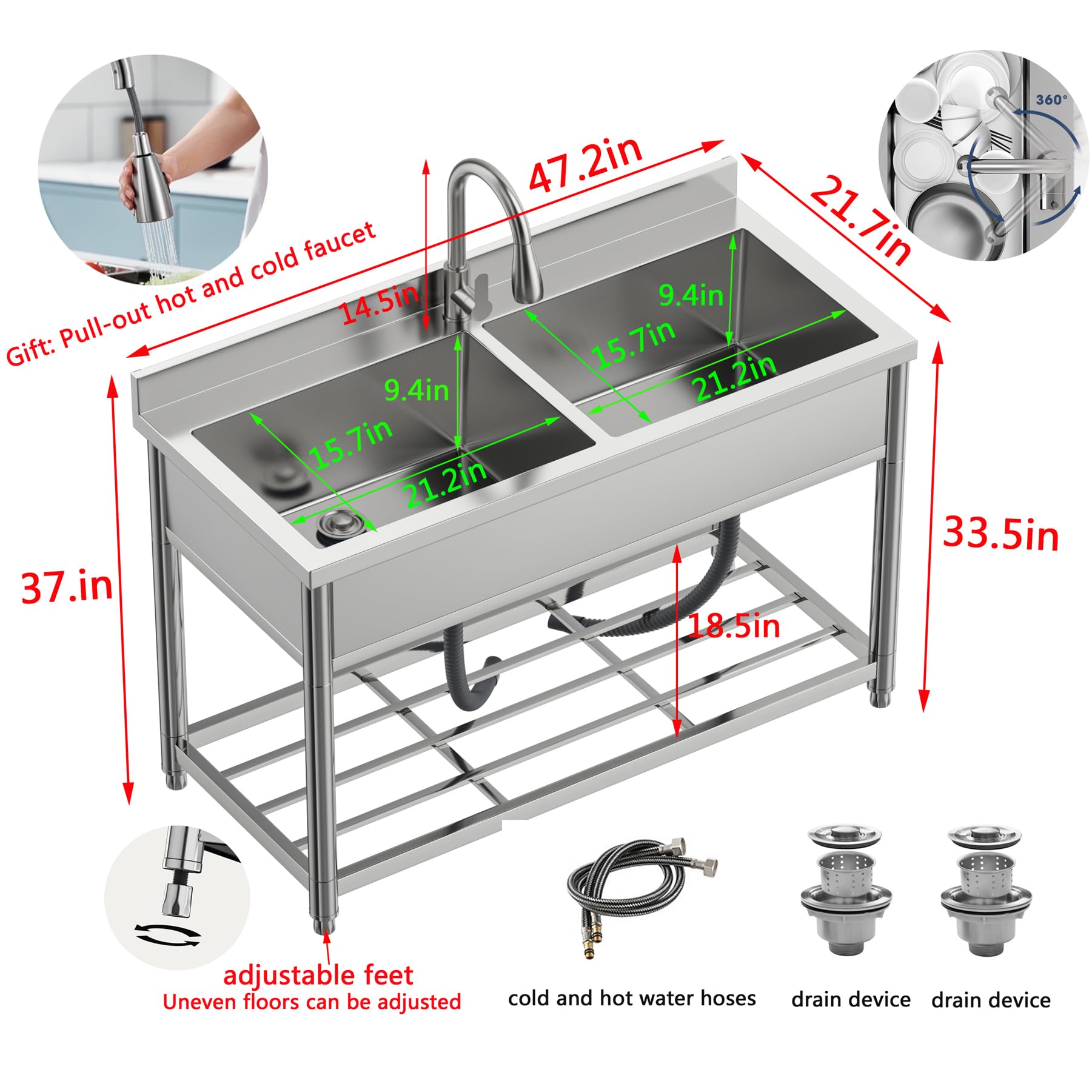 GGW 2-Compartment Commercial Sink, Stainless Steel Utility Sink with Pull-out Faucet, Free Standing Double Bowl Kitchen Sink for Restaurant, Garage, Shop, Cafe, Outoor, 21.7"D x 47.2"W x 37"H - CookCave