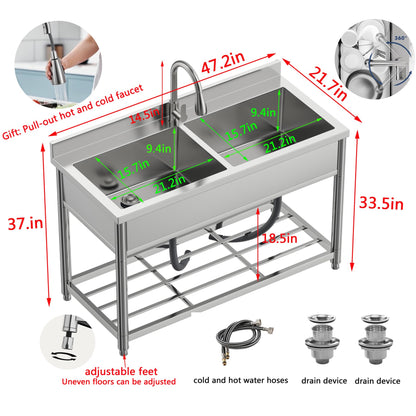 GGW 2-Compartment Commercial Sink, Stainless Steel Utility Sink with Pull-out Faucet, Free Standing Double Bowl Kitchen Sink for Restaurant, Garage, Shop, Cafe, Outoor, 21.7"D x 47.2"W x 37"H - CookCave