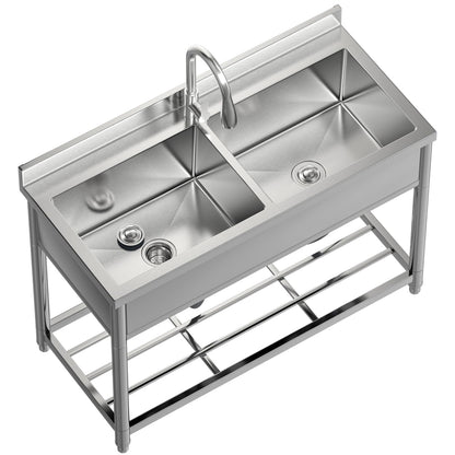 GGW 2-Compartment Commercial Sink, Stainless Steel Utility Sink with Pull-out Faucet, Free Standing Double Bowl Kitchen Sink for Restaurant, Garage, Shop, Cafe, Outoor, 21.7"D x 47.2"W x 37"H - CookCave