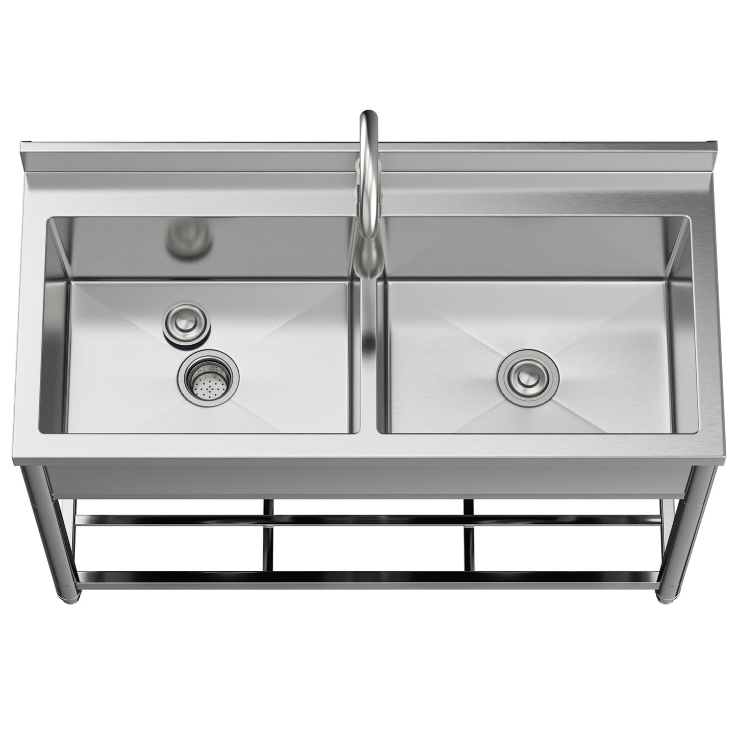 GGW 2-Compartment Commercial Sink, Stainless Steel Utility Sink with Pull-out Faucet, Free Standing Double Bowl Kitchen Sink for Restaurant, Garage, Shop, Cafe, Outoor, 21.7"D x 47.2"W x 37"H - CookCave