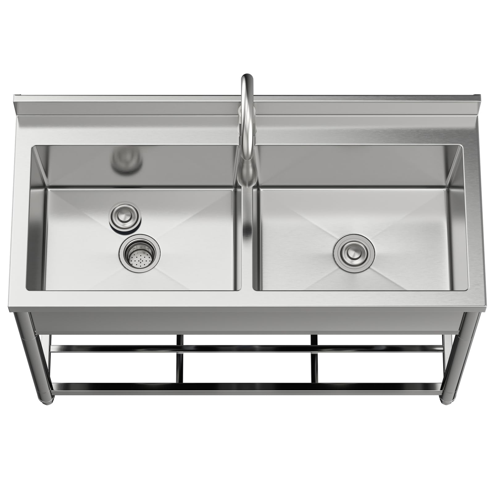 GGW 2-Compartment Commercial Sink, Stainless Steel Utility Sink with Pull-out Faucet, Free Standing Double Bowl Kitchen Sink for Restaurant, Garage, Shop, Cafe, Outoor, 21.7"D x 47.2"W x 37"H - CookCave