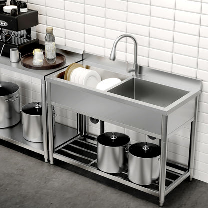 GGW 2-Compartment Commercial Sink, Stainless Steel Utility Sink with Pull-out Faucet, Free Standing Double Bowl Kitchen Sink for Restaurant, Garage, Shop, Cafe, Outoor, 21.7"D x 47.2"W x 37"H - CookCave