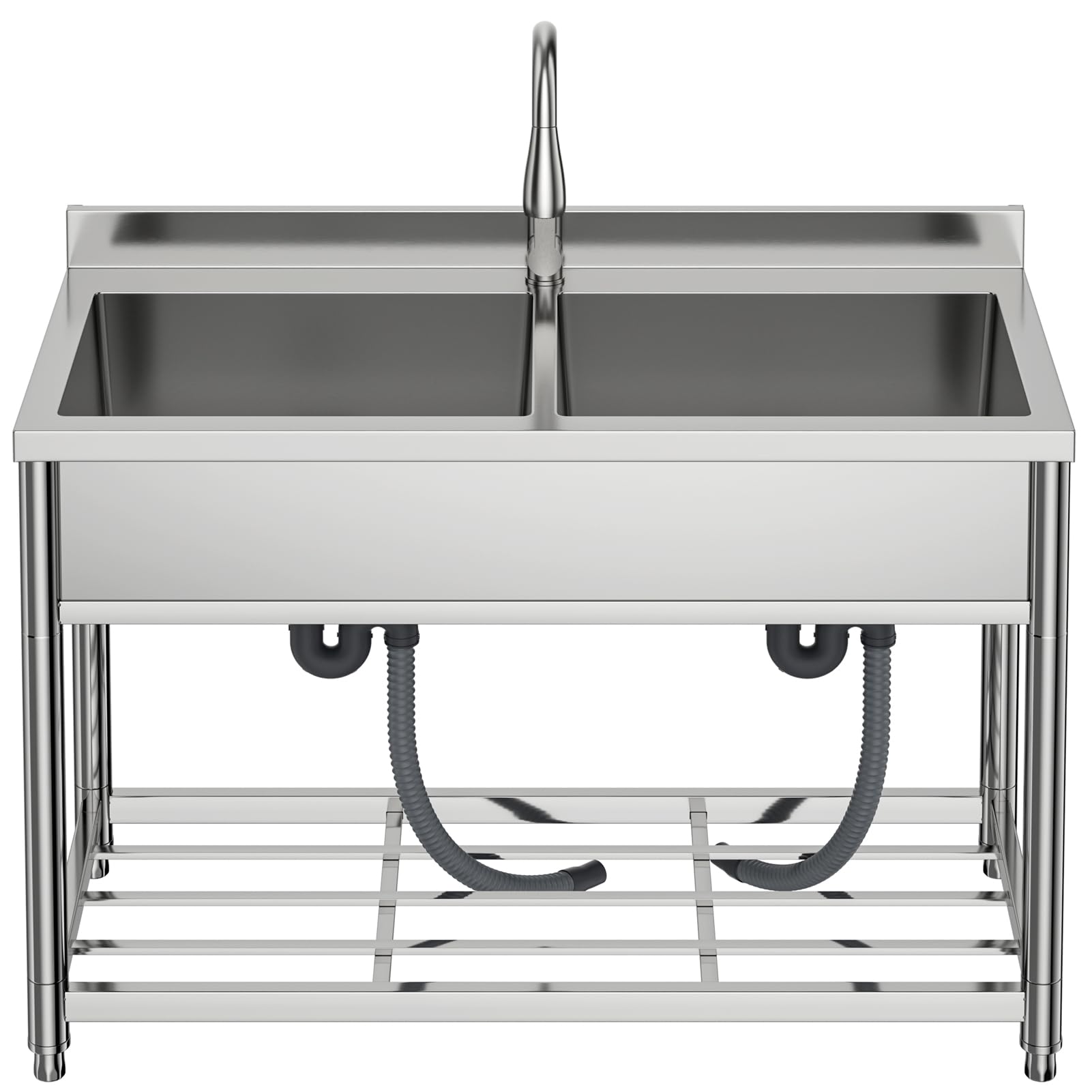 GGW 2-Compartment Commercial Sink, Stainless Steel Utility Sink with Pull-out Faucet, Free Standing Double Bowl Kitchen Sink for Restaurant, Garage, Shop, Cafe, Outoor, 21.7"D x 47.2"W x 37"H - CookCave