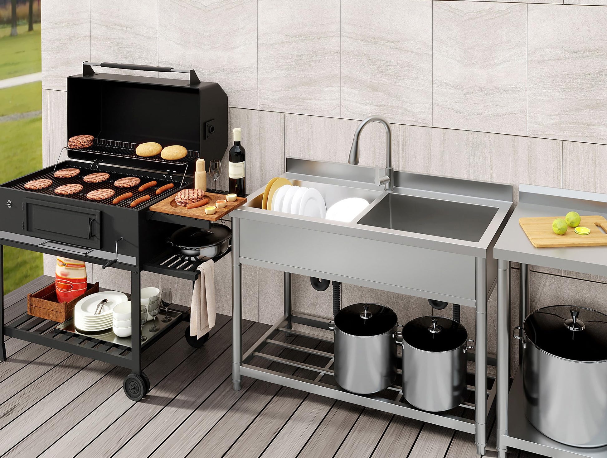 GGW 2-Compartment Commercial Sink, Stainless Steel Utility Sink with Pull-out Faucet, Free Standing Double Bowl Kitchen Sink for Restaurant, Garage, Shop, Cafe, Outoor, 21.7"D x 47.2"W x 37"H - CookCave