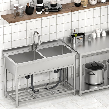 GGW 2-Compartment Commercial Sink, Stainless Steel Utility Sink with Pull-out Faucet, Free Standing Double Bowl Kitchen Sink for Restaurant, Garage, Shop, Cafe, Outoor, 21.7"D x 47.2"W x 37"H - CookCave