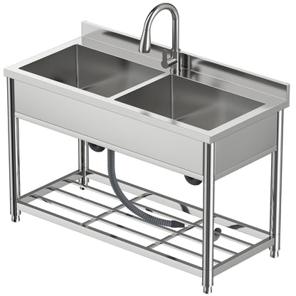GGW 2-Compartment Commercial Sink, Stainless Steel Utility Sink with Pull-out Faucet, Free Standing Double Bowl Kitchen Sink for Restaurant, Garage, Shop, Cafe, Outoor, 21.7"D x 47.2"W x 37"H - CookCave