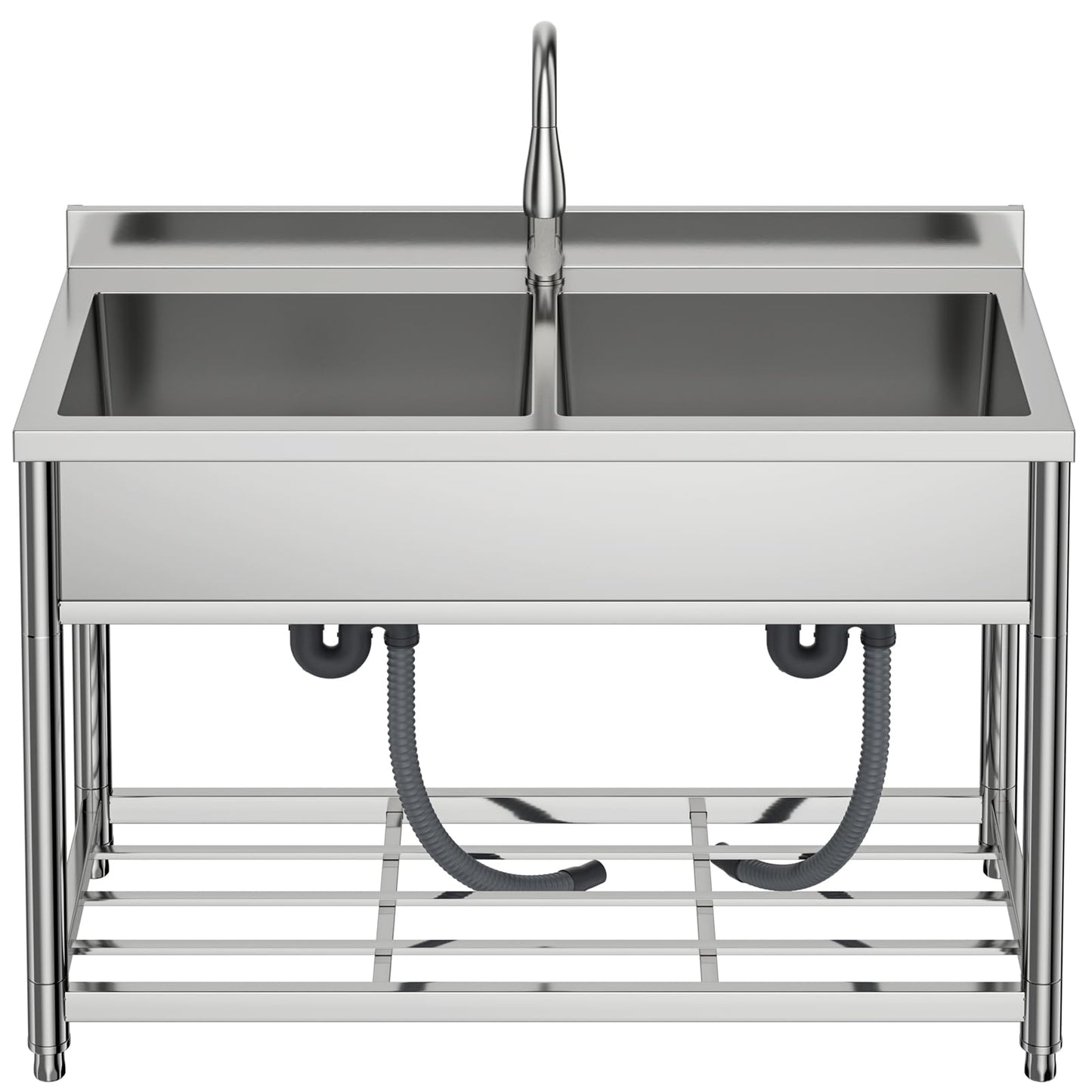 GGW 2-Compartment Commercial Sink, Stainless Steel Utility Sink with Pull-out Faucet, Free Standing Double Bowl Kitchen Sink for Restaurant, Garage, Shop, Cafe, Outoor, 21.7"D x 47.2"W x 37"H - CookCave