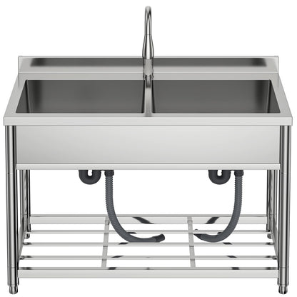 GGW 2-Compartment Commercial Sink, Stainless Steel Utility Sink with Pull-out Faucet, Free Standing Double Bowl Kitchen Sink for Restaurant, Garage, Shop, Cafe, Outoor, 21.7"D x 47.2"W x 37"H - CookCave