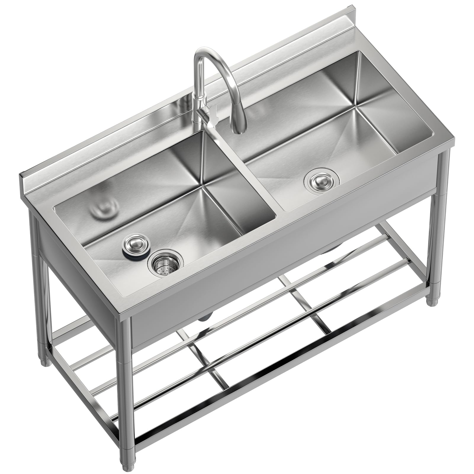 GGW 2-Compartment Commercial Sink, Stainless Steel Utility Sink with Pull-out Faucet, Free Standing Double Bowl Kitchen Sink for Restaurant, Garage, Shop, Cafe, Outoor, 21.7"D x 47.2"W x 37"H - CookCave
