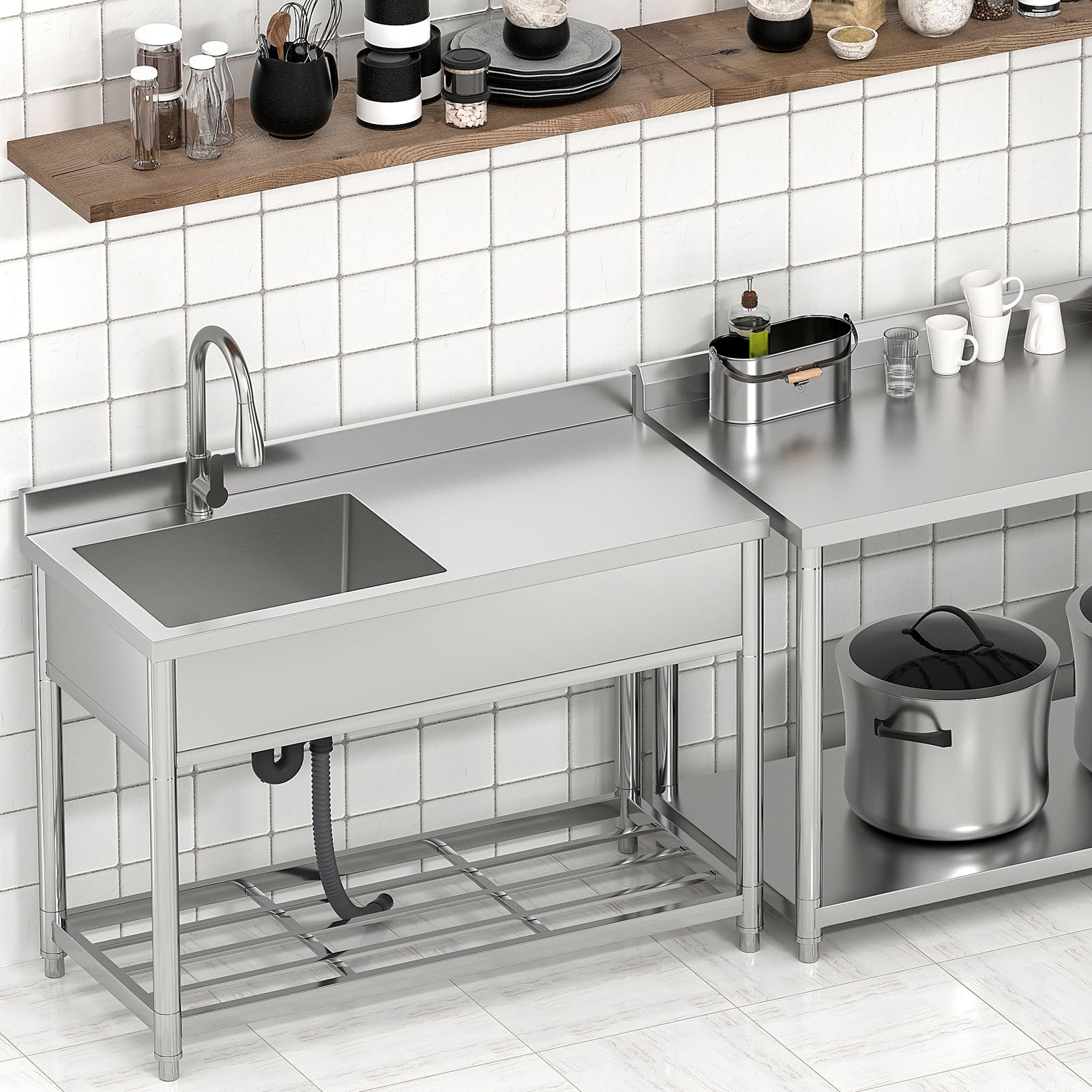 GGW Commercial Sink with Drainboard, Stainless Steel Utility Sink with Pull-out Faucet, Free Standing Single Bowl Kitchen Sink with Workbench for Restaurant, Garage, Outoor, 21.7"D x 47.2"W x 37"H - CookCave