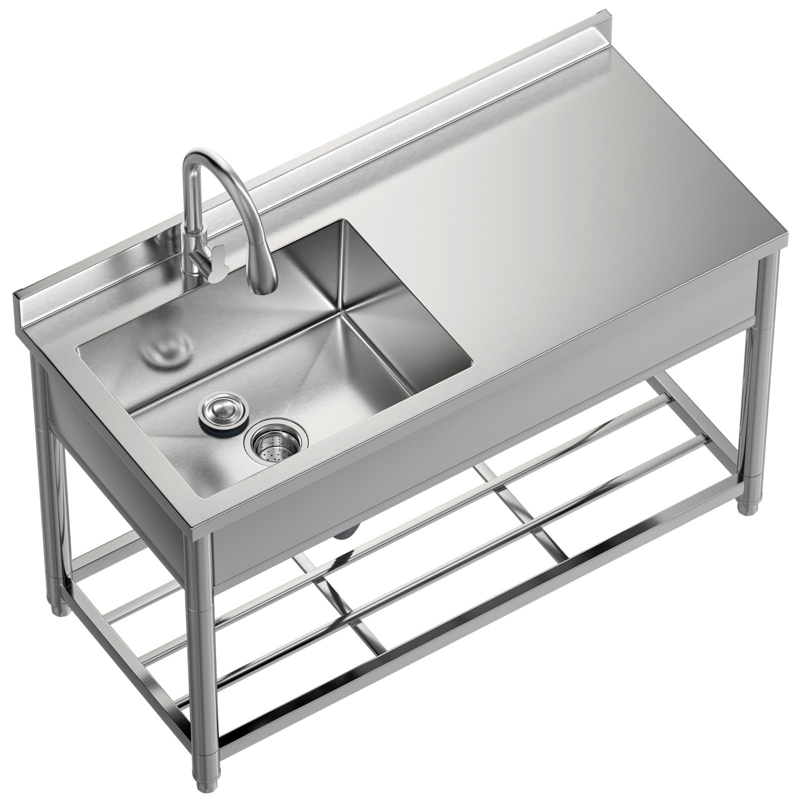 GGW Commercial Sink with Drainboard, Stainless Steel Utility Sink with Pull-out Faucet, Free Standing Single Bowl Kitchen Sink with Workbench for Restaurant, Garage, Outoor, 21.7"D x 47.2"W x 37"H - CookCave