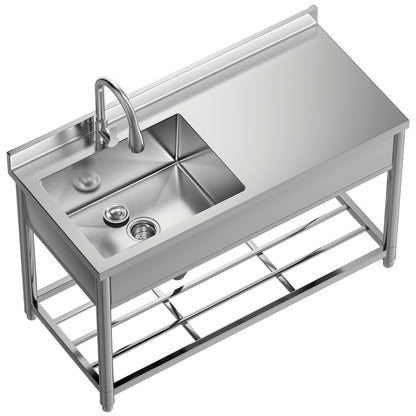 GGW Commercial Sink with Drainboard, Stainless Steel Utility Sink with Pull-out Faucet, Free Standing Single Bowl Kitchen Sink with Workbench for Restaurant, Garage, Outoor, 21.7"D x 47.2"W x 37"H - CookCave