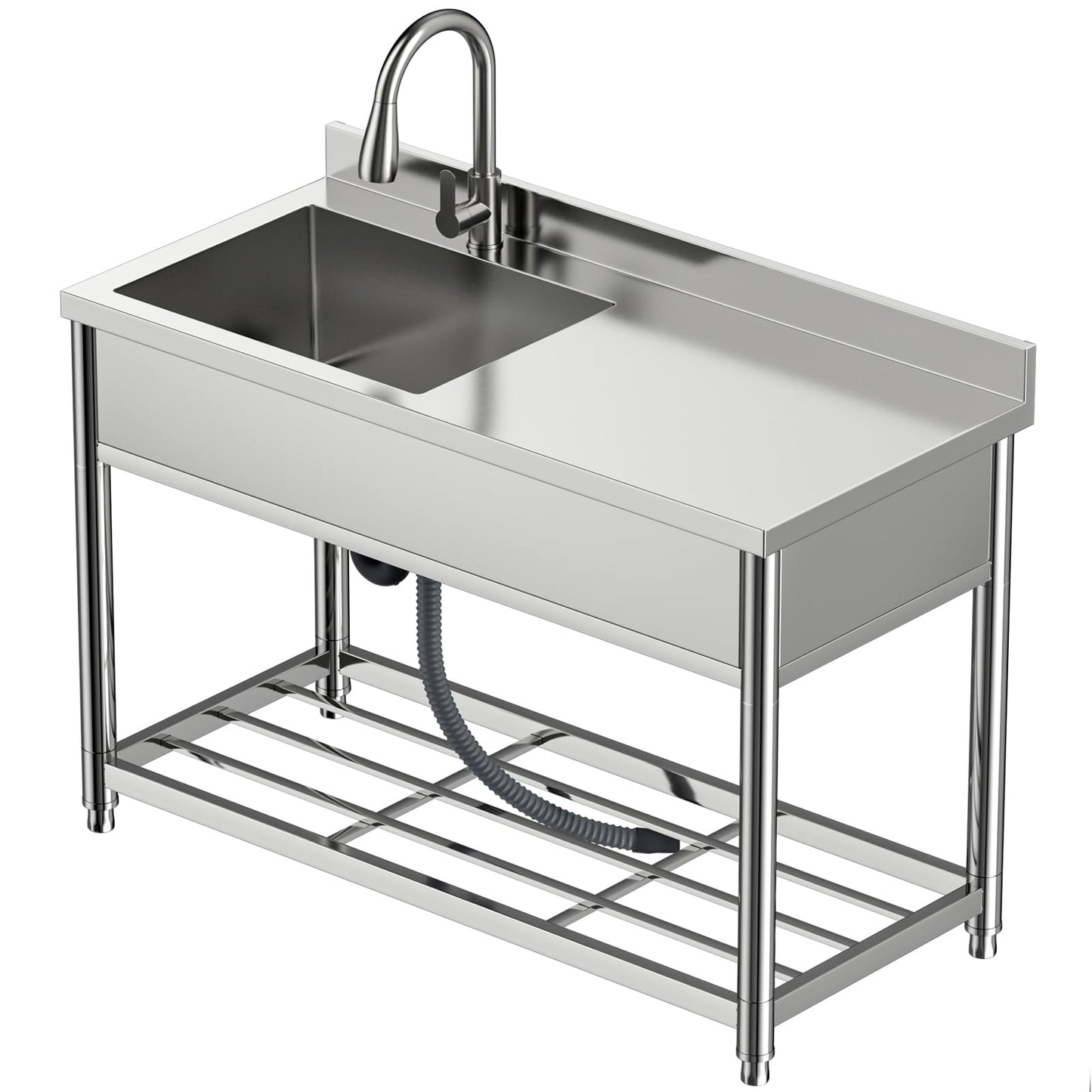 GGW Commercial Sink with Drainboard, Stainless Steel Utility Sink with Pull-out Faucet, Free Standing Single Bowl Kitchen Sink with Workbench for Restaurant, Garage, Outoor, 21.7"D x 47.2"W x 37"H - CookCave