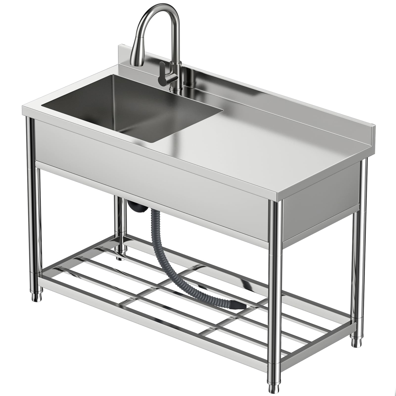 GGW Commercial Sink with Drainboard, Stainless Steel Utility Sink with Pull-out Faucet, Free Standing Single Bowl Kitchen Sink with Workbench for Restaurant, Garage, Outoor, 21.7"D x 47.2"W x 37"H - CookCave