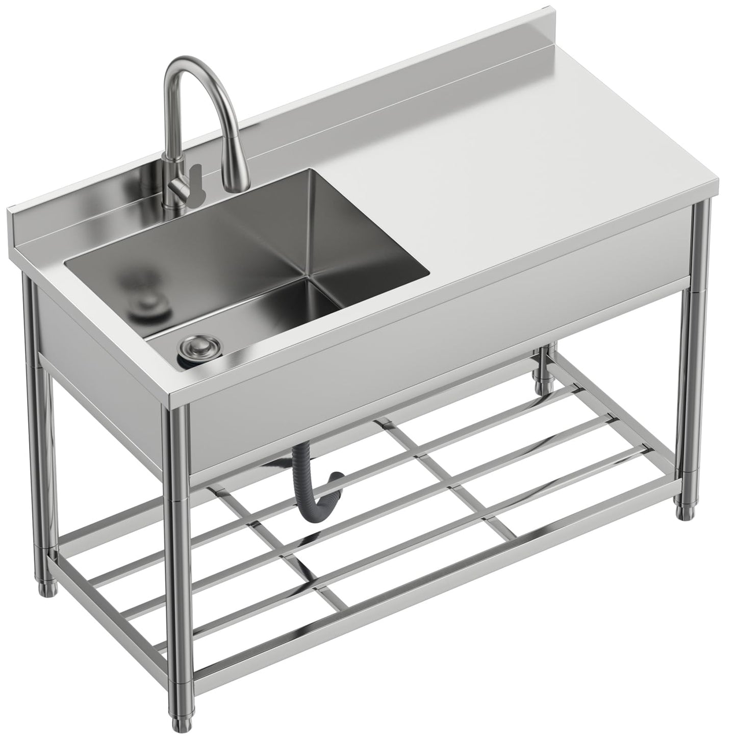 GGW Commercial Sink with Drainboard, Stainless Steel Utility Sink with Pull-out Faucet, Free Standing Single Bowl Kitchen Sink with Workbench for Restaurant, Garage, Outoor, 21.7"D x 47.2"W x 37"H - CookCave