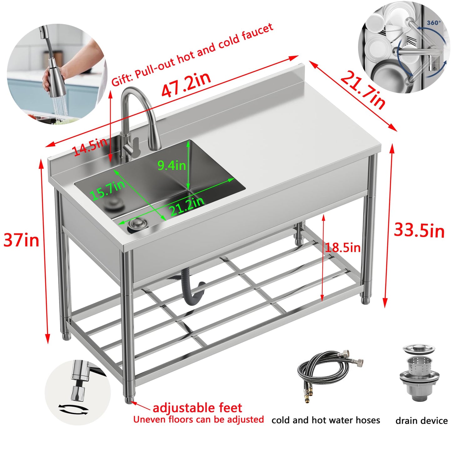 GGW Commercial Sink with Drainboard, Stainless Steel Utility Sink with Pull-out Faucet, Free Standing Single Bowl Kitchen Sink with Workbench for Restaurant, Garage, Outoor, 21.7"D x 47.2"W x 37"H - CookCave