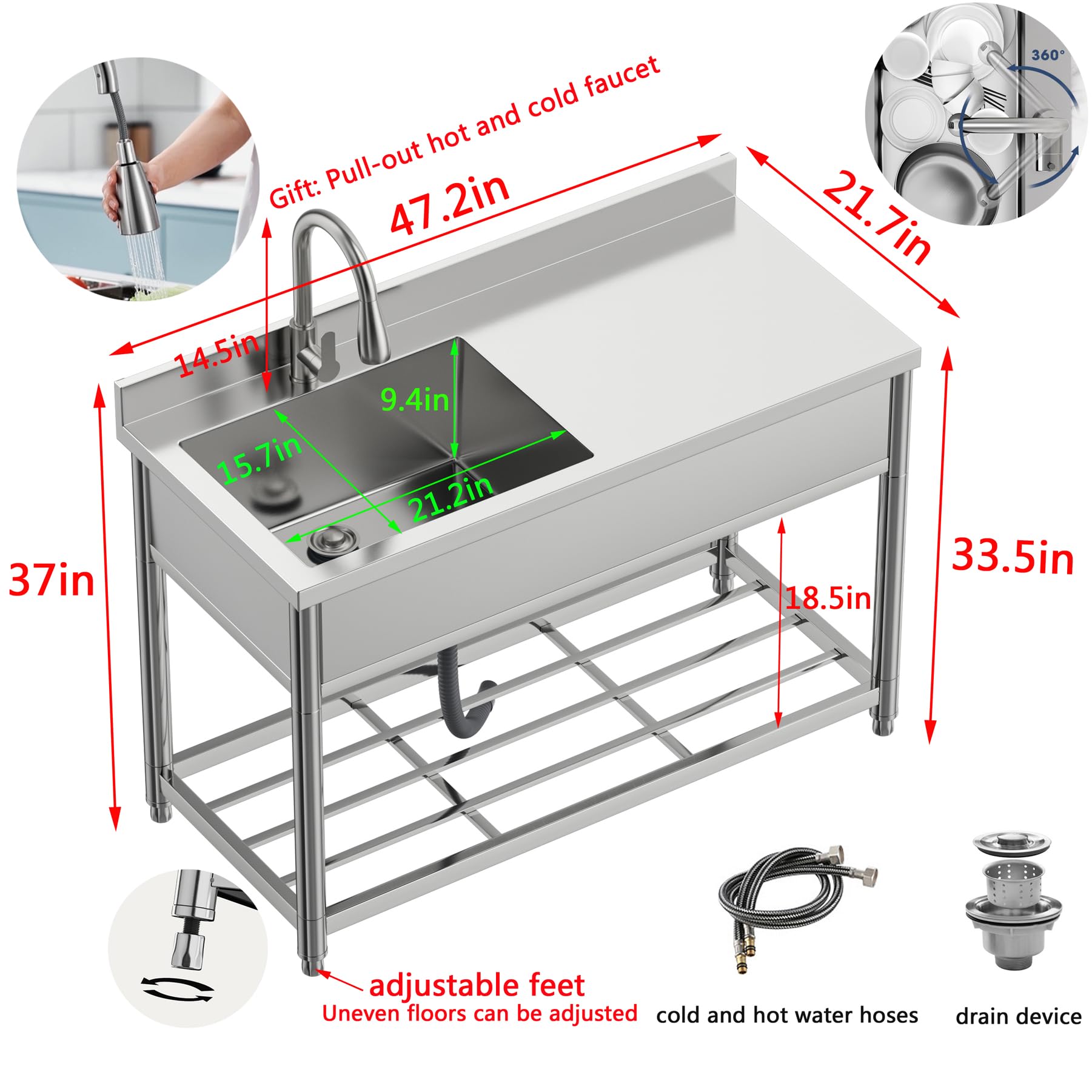 GGW Commercial Sink with Drainboard, Stainless Steel Utility Sink with Pull-out Faucet, Free Standing Single Bowl Kitchen Sink with Workbench for Restaurant, Garage, Outoor, 21.7"D x 47.2"W x 37"H - CookCave