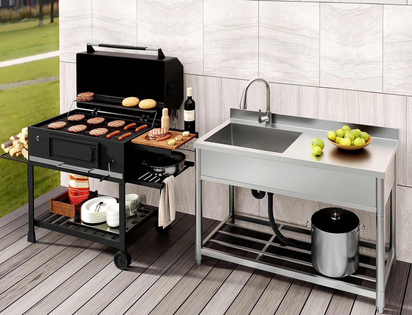 GGW Commercial Sink with Drainboard, Stainless Steel Utility Sink with Pull-out Faucet, Free Standing Single Bowl Kitchen Sink with Workbench for Restaurant, Garage, Outoor, 21.7"D x 47.2"W x 37"H - CookCave