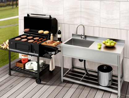 GGW Commercial Sink with Drainboard, Stainless Steel Utility Sink with Pull-out Faucet, Free Standing Single Bowl Kitchen Sink with Workbench for Restaurant, Garage, Outoor, 21.7"D x 47.2"W x 37"H - CookCave