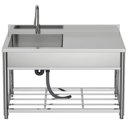 GGW Commercial Sink with Drainboard, Stainless Steel Utility Sink with Pull-out Faucet, Free Standing Single Bowl Kitchen Sink with Workbench for Restaurant, Garage, Outoor, 21.7"D x 47.2"W x 37"H - CookCave