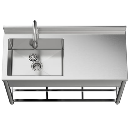 GGW Commercial Sink with Drainboard, Stainless Steel Utility Sink with Pull-out Faucet, Free Standing Single Bowl Kitchen Sink with Workbench for Restaurant, Garage, Outoor, 21.7"D x 47.2"W x 37"H - CookCave