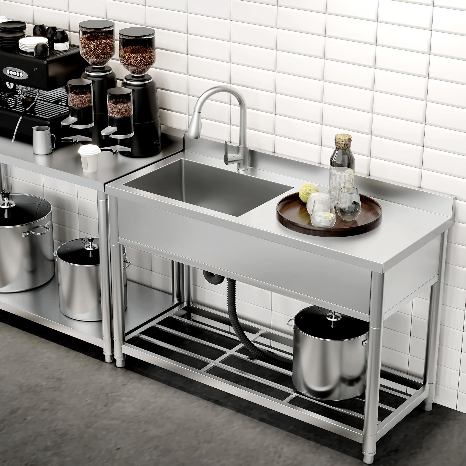 GGW Commercial Sink with Drainboard, Stainless Steel Utility Sink with Pull-out Faucet, Free Standing Single Bowl Kitchen Sink with Workbench for Restaurant, Garage, Outoor, 21.7"D x 47.2"W x 37"H - CookCave