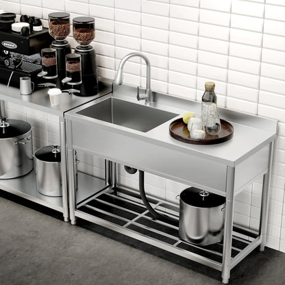 GGW Commercial Sink with Drainboard, Stainless Steel Utility Sink with Pull-out Faucet, Free Standing Single Bowl Kitchen Sink with Workbench for Restaurant, Garage, Outoor, 21.7"D x 47.2"W x 37"H - CookCave