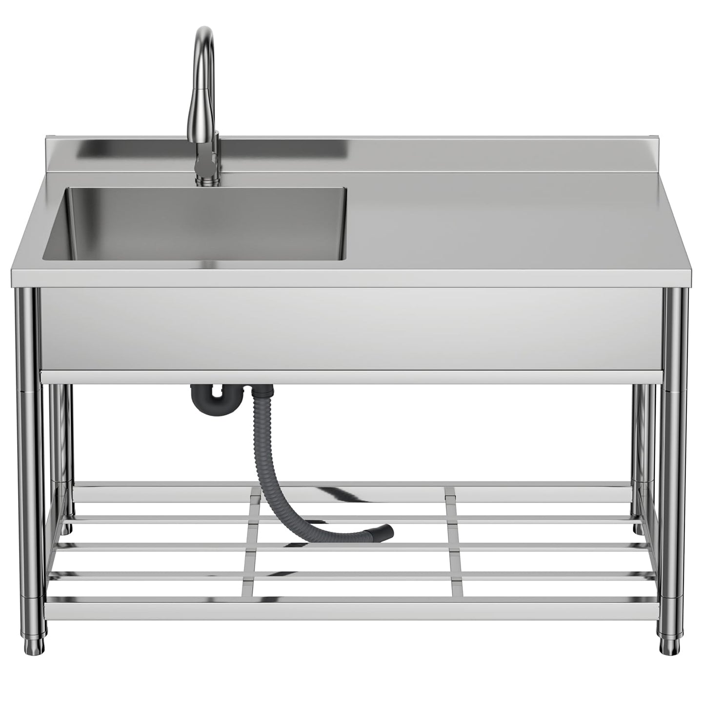 GGW Commercial Sink with Drainboard, Stainless Steel Utility Sink with Pull-out Faucet, Free Standing Single Bowl Kitchen Sink with Workbench for Restaurant, Garage, Outoor, 21.7"D x 47.2"W x 37"H - CookCave