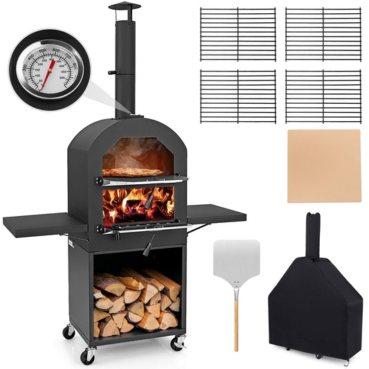 Giantex Pizza Oven Outdoor - Wood Fired Pizza Oven with 2 Side Tables, Pizza Stone, Pizza Peel, Cover, Cooking Grids, Pizza Maker on Wheels for Outside Charcoal Grill Backyard Party Camping - CookCave