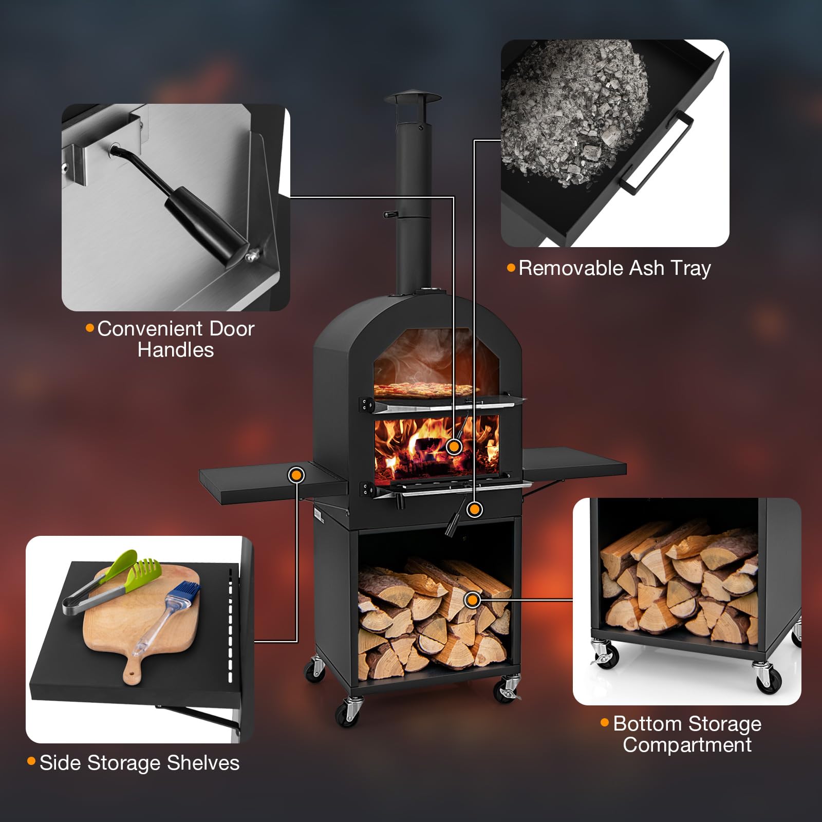 Giantex Pizza Oven Outdoor - Wood Fired Pizza Oven with 2 Side Tables, Pizza Stone, Pizza Peel, Cover, Cooking Grids, Pizza Maker on Wheels for Outside Charcoal Grill Backyard Party Camping - CookCave