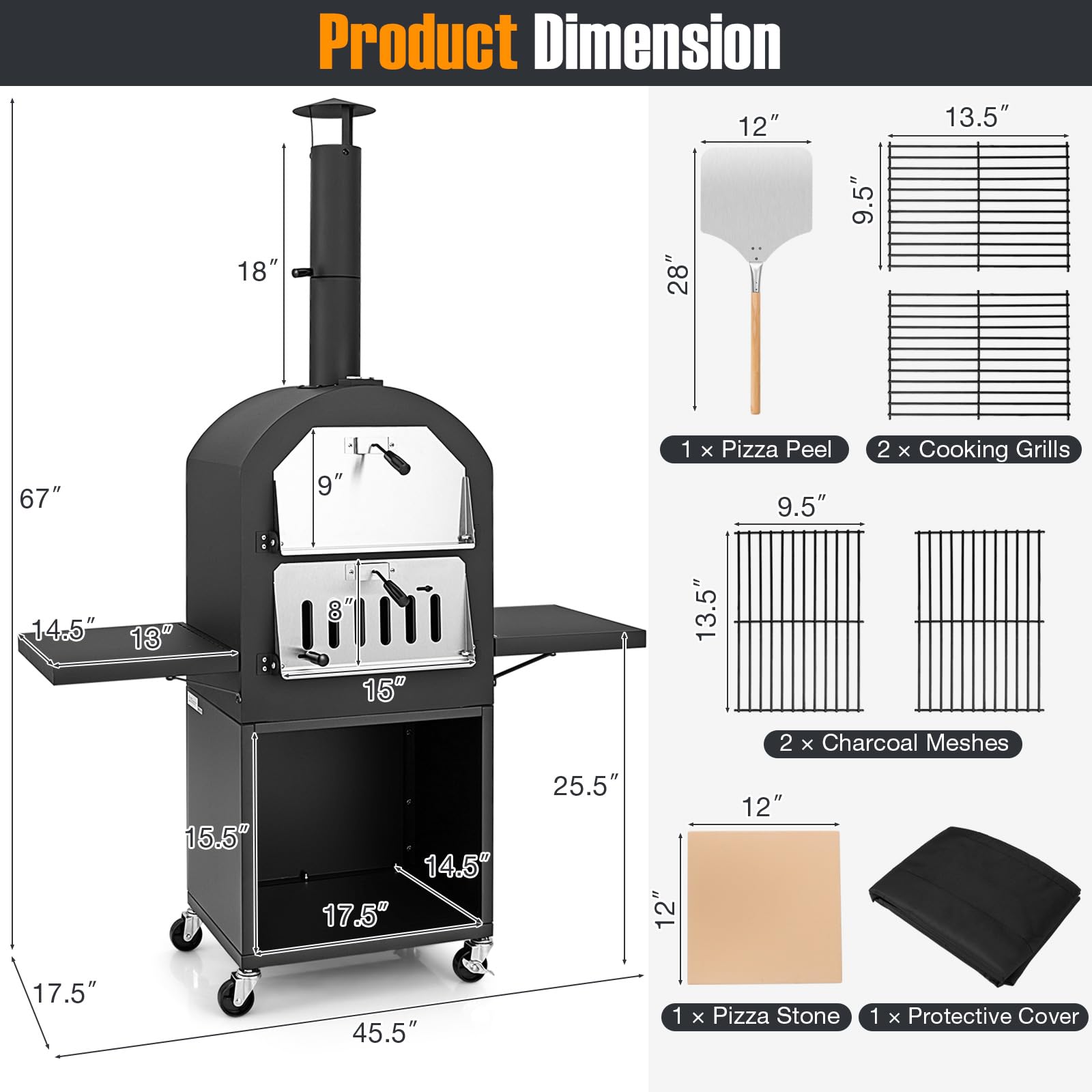 Giantex Pizza Oven Outdoor - Wood Fired Pizza Oven with 2 Side Tables, Pizza Stone, Pizza Peel, Cover, Cooking Grids, Pizza Maker on Wheels for Outside Charcoal Grill Backyard Party Camping - CookCave
