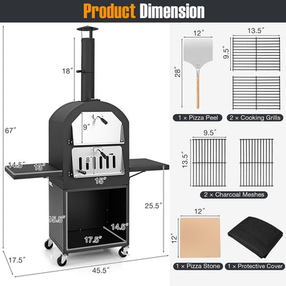 Giantex Pizza Oven Outdoor - Wood Fired Pizza Oven with 2 Side Tables, Pizza Stone, Pizza Peel, Cover, Cooking Grids, Pizza Maker on Wheels for Outside Charcoal Grill Backyard Party Camping - CookCave