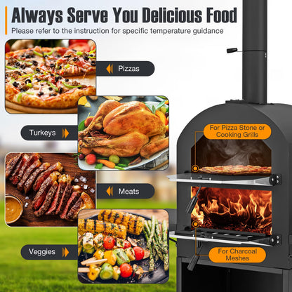 Giantex Pizza Oven Outdoor - Wood Fired Pizza Oven with 2 Side Tables, Pizza Stone, Pizza Peel, Cover, Cooking Grids, Pizza Maker on Wheels for Outside Charcoal Grill Backyard Party Camping - CookCave