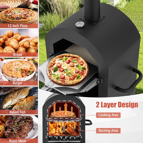 Giantex Pizza Oven Outdoor, Wood Fired Pizza Oven with Pizza Stone, Pizza Peel, Waterproof Cover, Cooking Grids, Pizza Maker with Wheels for Outside Camping Backyard Party (64 Inch) - CookCave