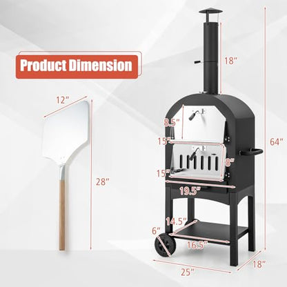 Giantex Pizza Oven Outdoor, Wood Fired Pizza Oven with Pizza Stone, Pizza Peel, Waterproof Cover, Cooking Grids, Pizza Maker with Wheels for Outside Camping Backyard Party (64 Inch) - CookCave