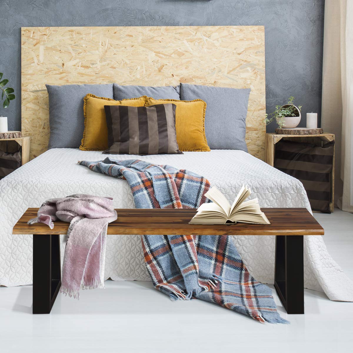 Giantex Wooden Dining Bench Seating Chair Rustic Indoor &Outdoor Furniture (Rustic Brown&Black) - CookCave