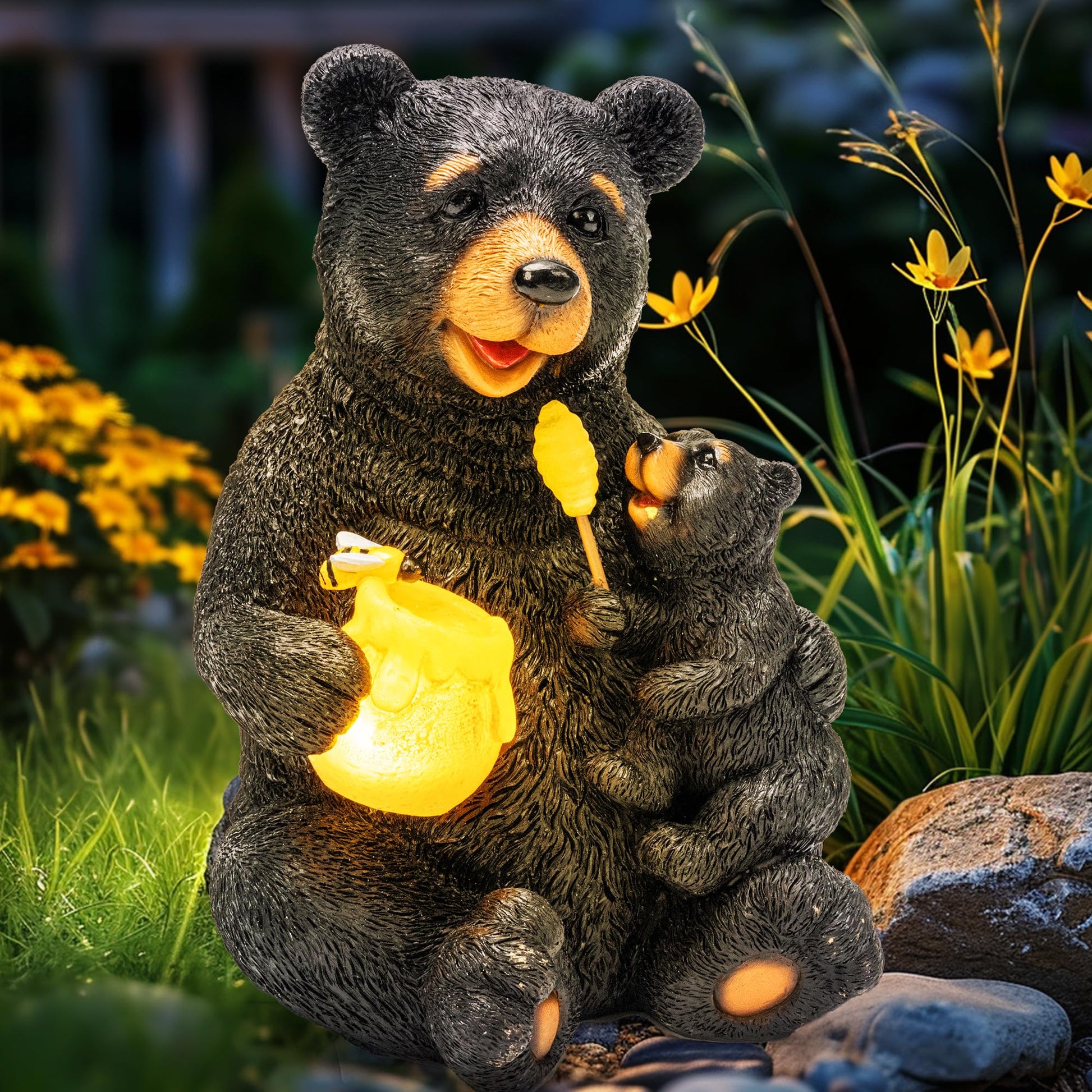 GIGALUMI Solar Garden Statues Loving Bear Figurine Lights for Outside, Yard Decorations Outdoor, Garden Decor Unique Birthday Housewarming Gifts for Mom, Women, Black - CookCave