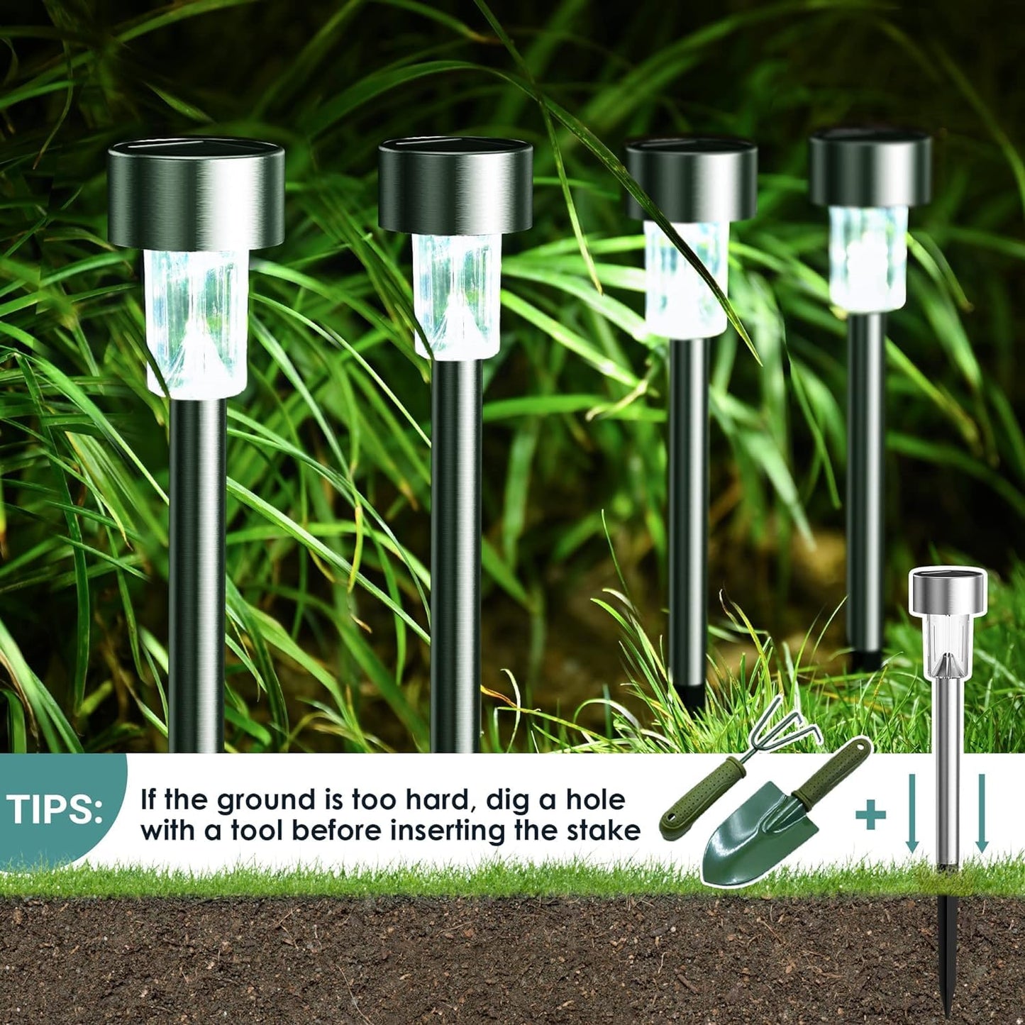 GIGALUMI Solar Lights Outdoor Waterproof, 12 Pack, Stainless Steel LED Solar Garden Lights for Patio, Lawn, Yard and Landscape, Cold White - CookCave