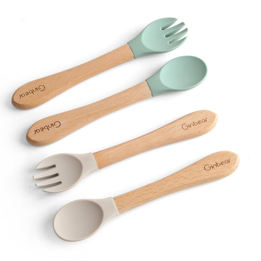 Ginbear Silicone Baby Spoon and Fork Set Self-feeding, Baby Flatware Sets, Toddler Feeding Utensils for Child 6 Months+ (Hazy Green/Almond) - CookCave