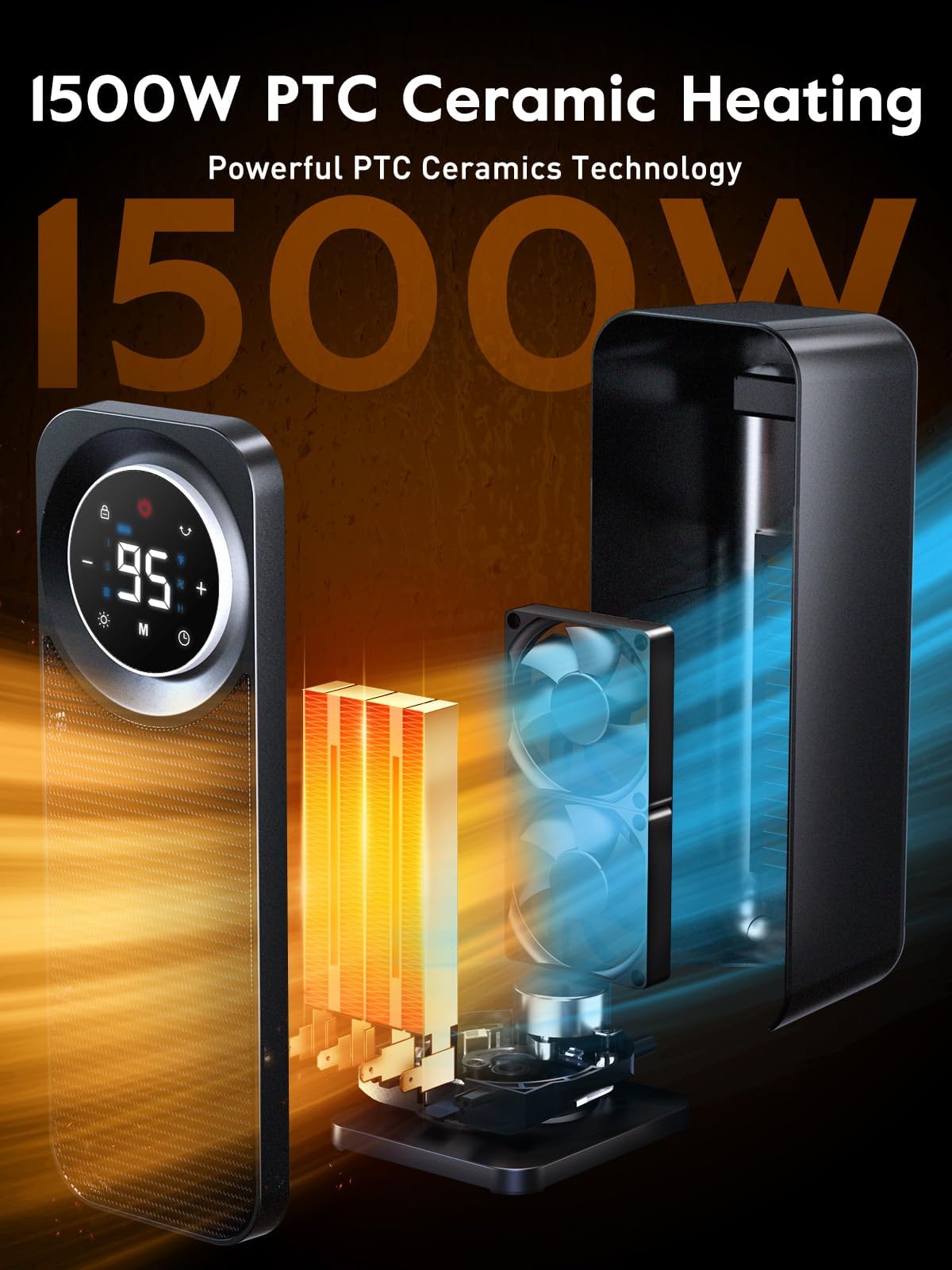 Givebest Touch Panel Space Heaters for Indoor Use, 1500W Fast Heating Electric Heater with Remote, 5 Modes, Quiet and Night Light, Thermostat Control, Ideal for Bedroom, Office - CookCave