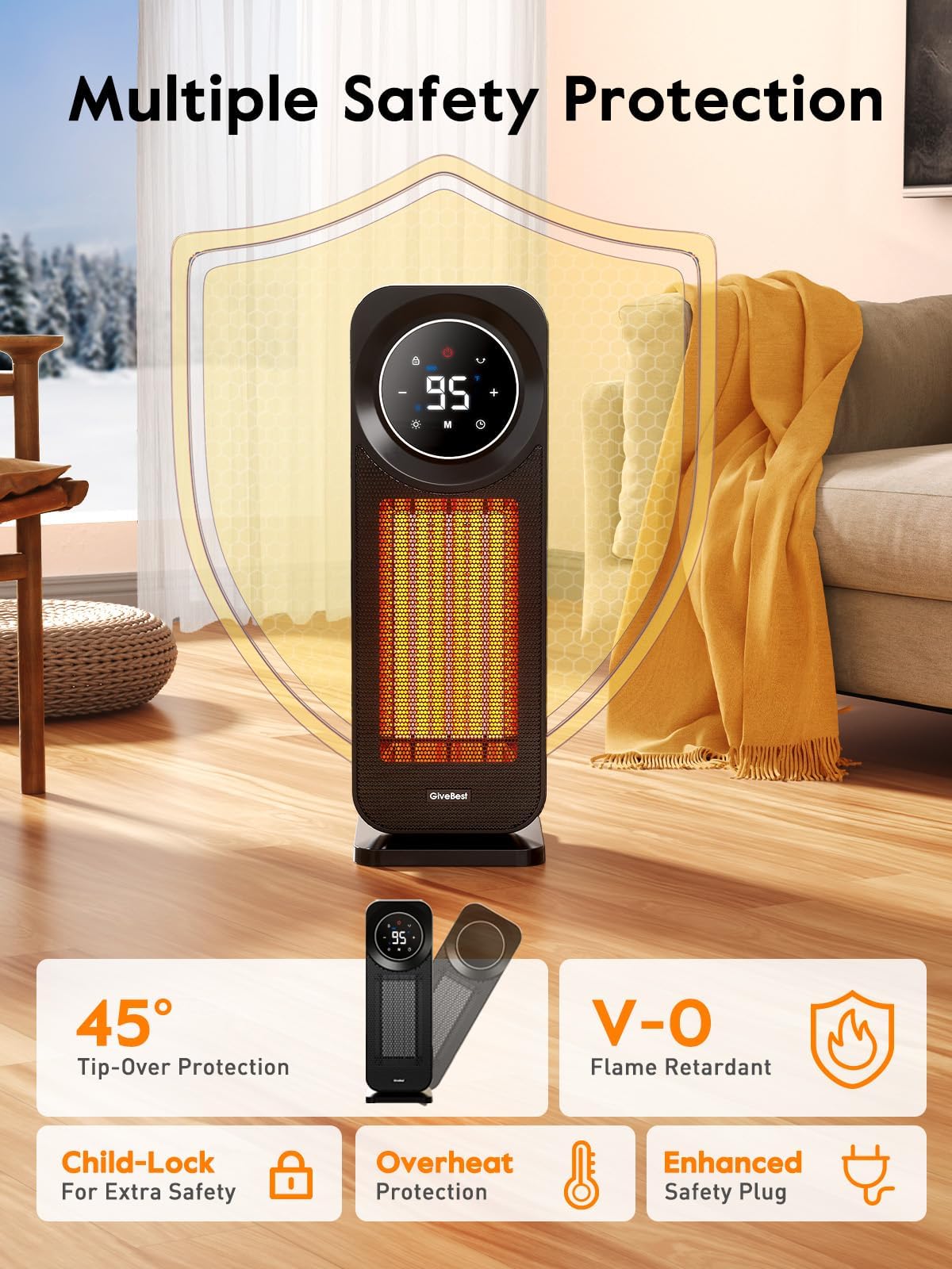 Givebest Touch Panel Space Heaters for Indoor Use, 1500W Fast Heating Electric Heater with Remote, 5 Modes, Quiet and Night Light, Thermostat Control, Ideal for Bedroom, Office - CookCave