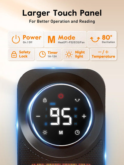 Givebest Touch Panel Space Heaters for Indoor Use, 1500W Fast Heating Electric Heater with Remote, 5 Modes, Quiet and Night Light, Thermostat Control, Ideal for Bedroom, Office - CookCave