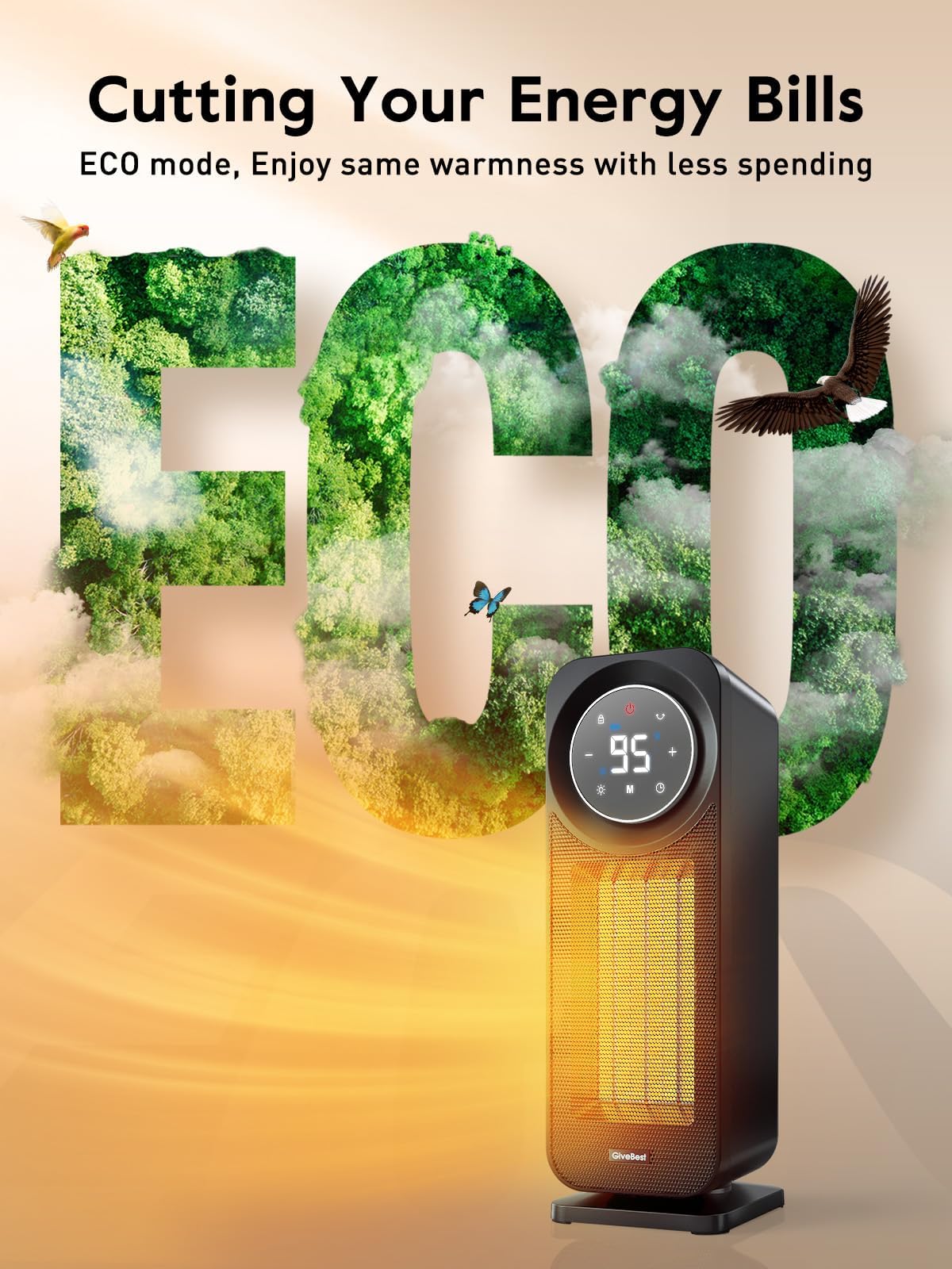 Givebest Touch Panel Space Heaters for Indoor Use, 1500W Fast Heating Electric Heater with Remote, 5 Modes, Quiet and Night Light, Thermostat Control, Ideal for Bedroom, Office - CookCave